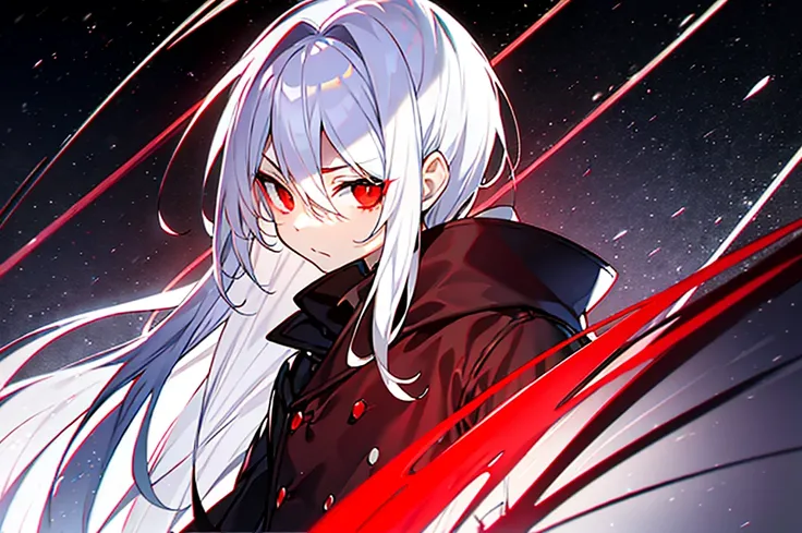 hight resolution，Anime boy with white hair and red eyes staring at camera，Glowing red eyes，slim，
dressed in a black outfit、Shadow Body，de pele branca，monochromes、hair messy，Straight face、Diagonal angle