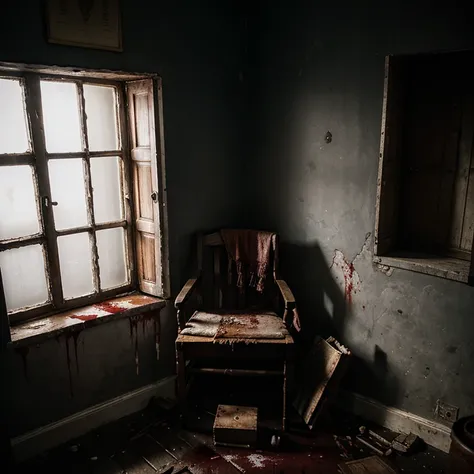 A old and light dark room , there is a chair but old , and in the corner of the room there is blood , cutted human body part , gore