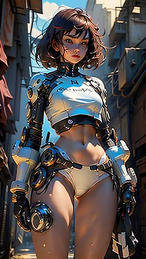 Woman body defined thick thighs cybernetic body parts, short underwear