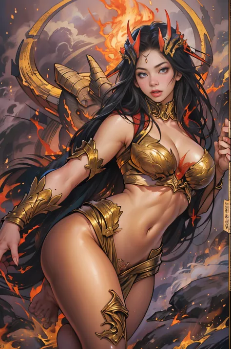 （tmasterpiece，top-quality，Best quality，offcial art，Beautiful and beautiful：1.2），Scene depicting the goddess of war fighting a red flaming demon with huge horns in hell，She is a great giant，she is a lovely princess，she is a strong warrior，火焰，lightning in sk...