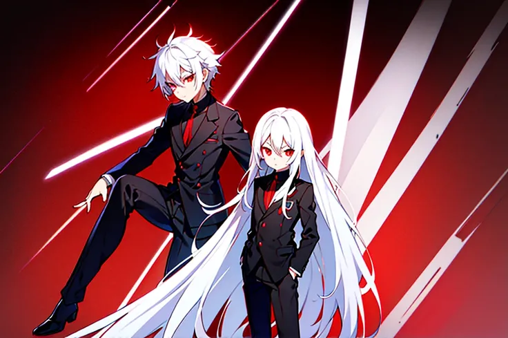 hight resolution，Anime boy with white hair and red eyes staring at camera，Glowing red eyes，slim，
dressed in a black outfit、Shadow Body，de pele branca，monochromes、hair messy，Straight face、Diagonal angle