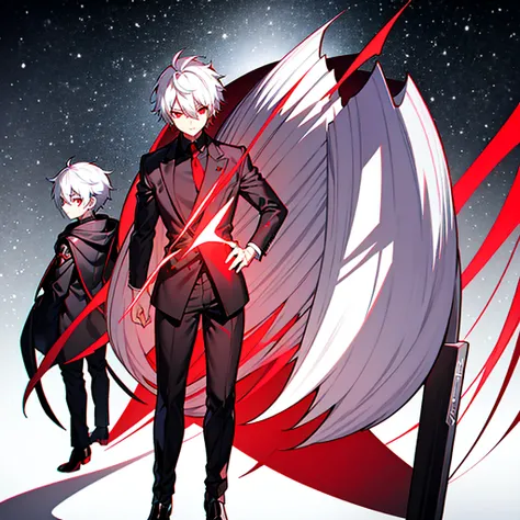 hight resolution，Anime boy with white hair and red eyes staring at camera，Glowing red eyes，slim，
dressed in a black outfit、Shadow Body，de pele branca，monochromes、hair messy，Straight face、Diagonal angle