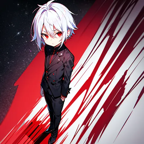 hight resolution，Anime boy with white hair and red eyes staring at camera，Glowing red eyes，slim，
dressed in a black outfit、Shadow Body，de pele branca，monochromes、hair messy，Straight face、Diagonal angle