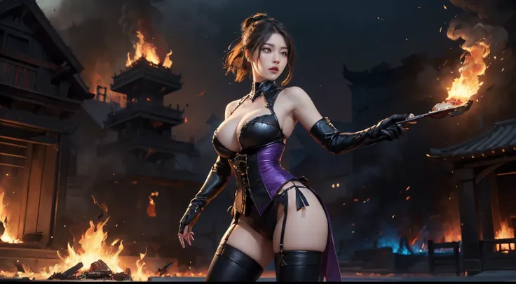 ((best quality)), ((masterpiece)), (detailed), perfect face, ((best quality)), ((masterpiece)), (detailed),((Big tits)),asian girl, mortal kombat, milena style, stockings, high heels, perfect leg, puple mask, mortal kombat backgroung, smoke, purple fire  b...