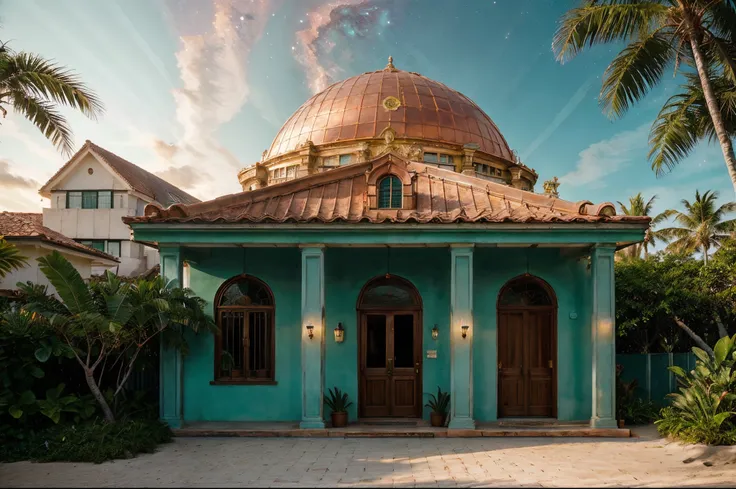 a beautiful mansion clad in copper, a large dome roof, with roman columns, emerald green marble, beautiful landscaped gardens with tropical plants, ocean front of a beautiful tropical beach, ((evening sky with a nebula)), Golden light, ( perfect peeling su...