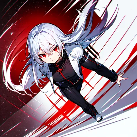 hight resolution，Anime boy with white hair and red eyes staring at camera，Glowing red eyes，slim，dressed in a black outfit、Shadow Body，de pele branca，monochromes、hair messy，Straight face、Diagonal angle