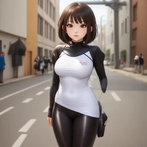 Anime girl tight clothing, great attributes, short hair brunette