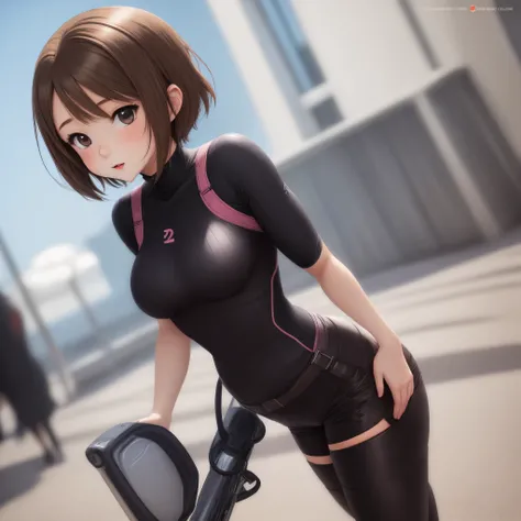 Anime girl tight clothing, great attributes, short hair brunette