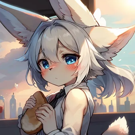 Masterpiece, High quality, kemono boy, bunny fennec, white fur, Angel, cute, blush, blue eyes, Holding bread and a glass of wine in his hands