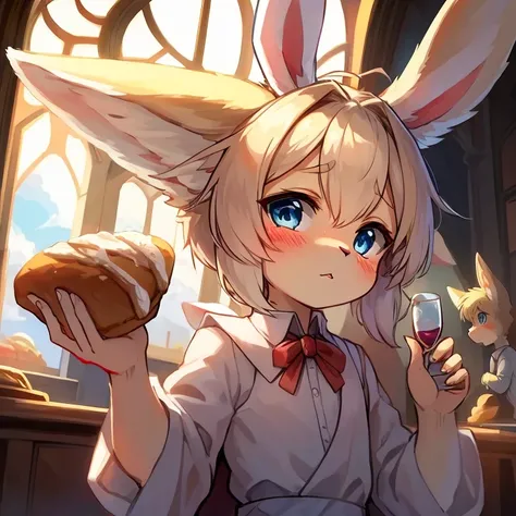 Masterpiece, High quality, kemono boy, bunny fennec, fennec rabbit ears, white fur, Angel, cute, blush, blue eyes, Holding bread and a glass of wine in his hands