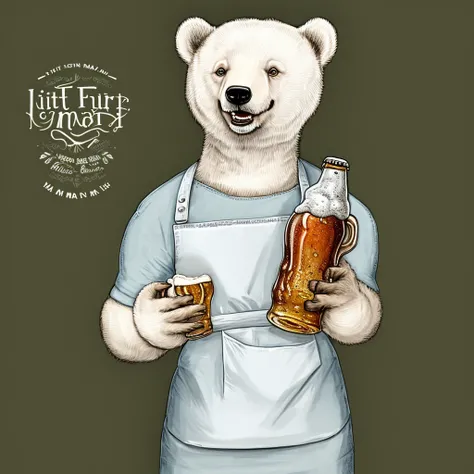 white bear,Beer in the right hand,Waist apron,illustratio,a smile,cute little,