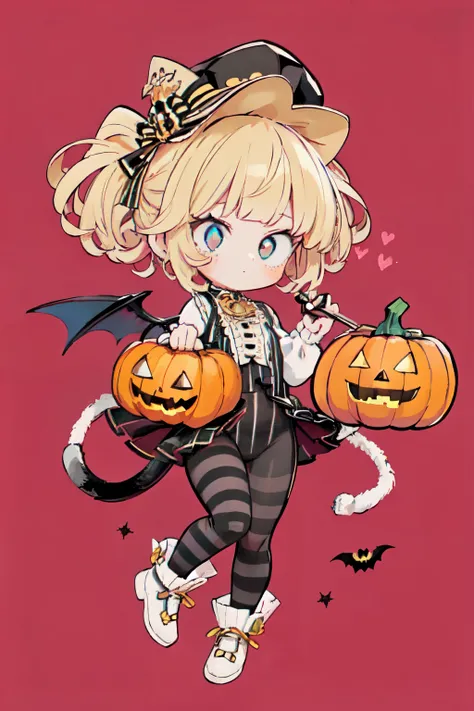 1girl, cute, halloween, pumpkin, pattern, blue cat, striped hat, stripe leggings, fullbody, design, character design, visual dev, adopt, adoptable art, deviantart, da, cute chibi