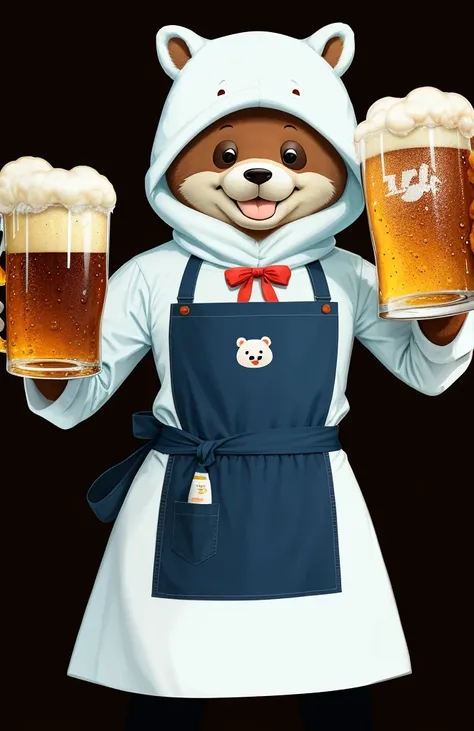 white bear,Beer in the right hand,Waist apron,illustratio,A smile,cute little,Deformed