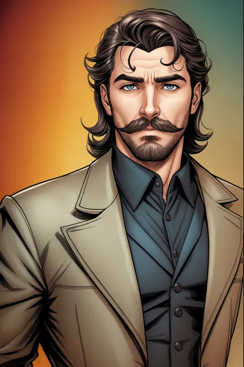 a very handsome man of French descent with a large mustache, ele usa luvas e roupas elegantes e formais pretas e brancas, ele tem um olho com cores negativas no estilo dos quadrinhos da dc comics --auto --s2