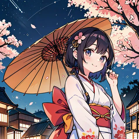 the cherry tree　cherry blossoms fall　teens girl　kimono　kawaii faces　cute smile　night time zone　japanese umbrella　edo cityscape