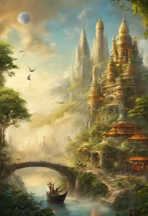 (((A utopian world with futuristic science fiction and fairy tale elements，Mechanical metal combined with classical mythological elements)))，(In this illustration of a utopian world，Describe a fairy tale、An ideal country with science fiction elements。The b...