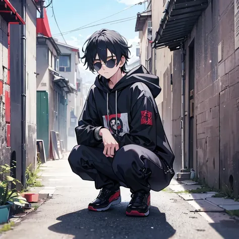 hiphop fashion、18year old、man、wearing a hood、wears sunglasses、squatting in a back alley