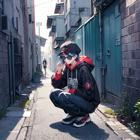 Hiphop fashion、18year old、man、Wearing a hood、wears sunglasses、Squatting in a back alley