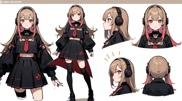 ((Masterpiece, Highest Quality)), Detailed Face, Character Sheet, full - body, Full of Details, multiple poss and expressions, Highly detailed, depth, many details, 1girl, girl in a skirt and headphones, :3, , Long hair, Bangs,multi-colored hair, two tone ...