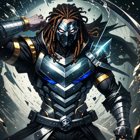 black man with a black suit and a mask covering his hole face with long black dreads ,he is reading manga and watching anime ,he has a well built body and fighting equipment on his lower body and a big sword on his back --auto --s2