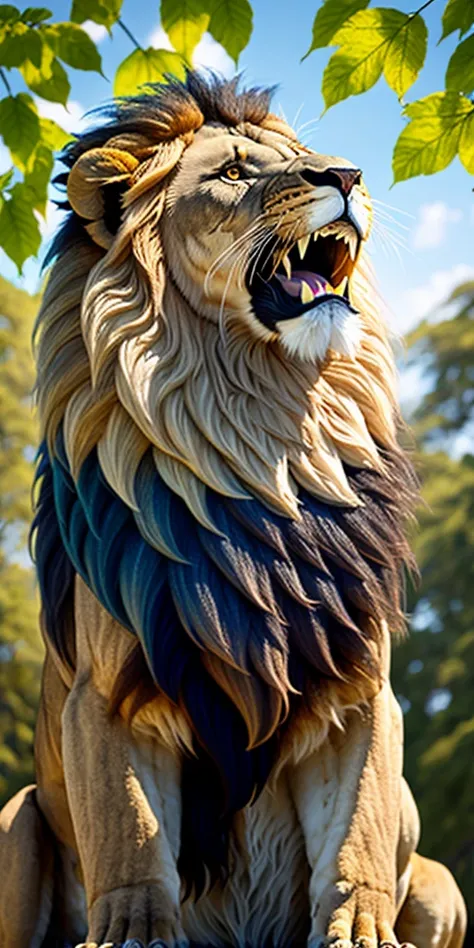 Lion detailed and extremely fluffy lion, fluff, masterpiece, looking up beautiful surroundings, detailed background, happy, leaf-dress