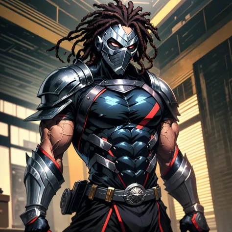 black man with a black suit and a mask covering his hole face with long black dreads ,he is reading manga and watching anime ,he has a well built body and fighting equipment on his lower body and a big sword on his back --auto --s2