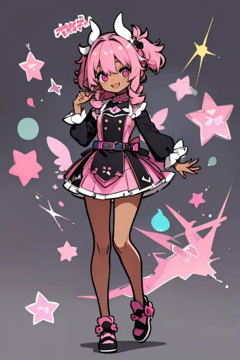 a black girl with, pastel outfit, pink hair, pink eyes, happy, kawaii, black skinned girl