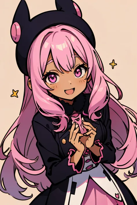 A black girl with, pastel outfit, pink hair, pink eyes, happy, kawaii, black skinned girl