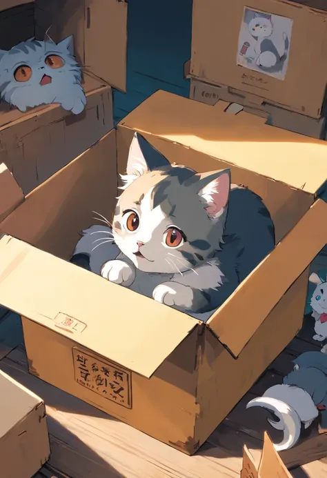 The kitten is lying in the box, raising its head and crying