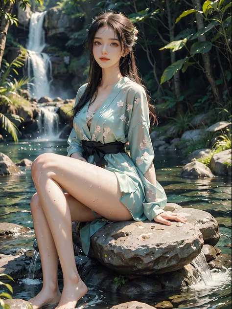 (best quality, masterpiece:1.2), ultra-detailed, (realistic:1.37), beautiful, youthful, glamorous model with (detailed eyes, detailed lips, extremely detailed eyes), hanfu, Deep v-neck, sitting under a waterfall, sitting on a rock by the river, surrounded ...