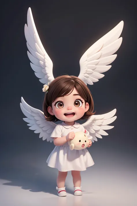 Baby, Baby girl ,White clothes , Angel wings on the back、Full-body shot facing the front, Happy emotions and facial expressions、A dark-haired、bobhair、brown-eyed