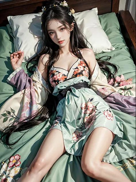 (best quality, masterpiece:1.2), ultra-detailed, (realistic:1.37), beautiful, youthful, glamorous model with (detailed eyes, detailed lips, extremely detailed eyes), hanfu, Deep v-neck, Lie in bed, in a knee shot, with white and floral colors, showcasing a...