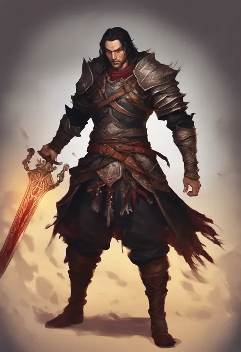 Mini-boss style character, human with two swords. large, tough, looking like a seasoned warrior. black tight fitting clothes, standing in an action stance with both weapons at the ready