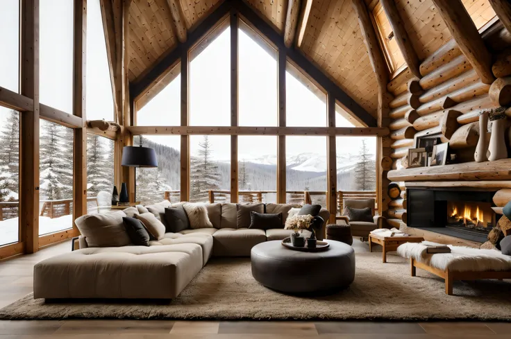 arafed living room with a fireplace and a large window, warm interiors, warm interior, chalet, epic natural light, floor - to - ...