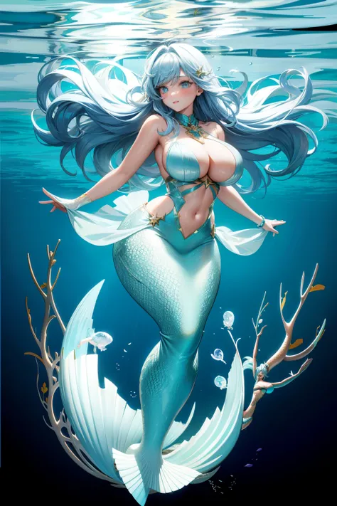 Cute girl,Light blue hair, Mermaid, Under the sea, adult girl, Big breasts, full body, sexy body, sexy, Beautiful and sexy body