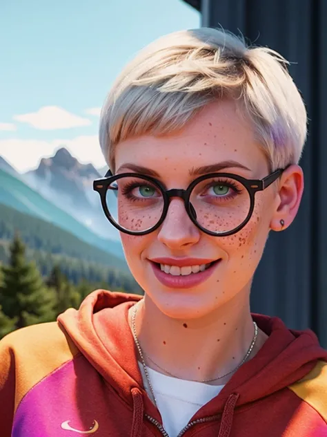 Portrait of ilya kuvshinov and annie leibowitz beautiful smiling [white swedish blonde] woman with some freckles wearing [hoodie], rainbow circle-glasses, [short hair, (((pixie cut)))], azure eyes,snow covered mountain landscape background. synthwave water...