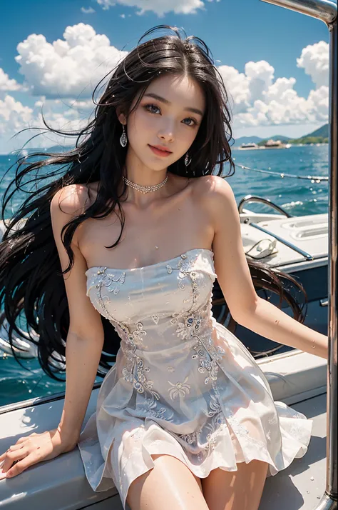 (best quality,ultra-detailed,photorealistic),beautiful detailed eyes,beautiful detailed lips,youthful female model,sweet girl dress,strapless dress,jewelry,saturated,wet all over,open sea,blue sky and clouds,on a speedboat,leaning against the railing,capti...