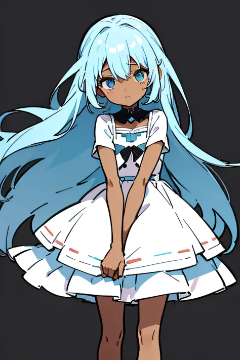 A black girl with, pastel outfit, long light blue hair, light blue eyes, sad face, black skinned girl