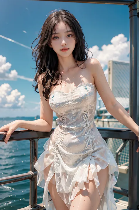 ((from below)),(best quality,ultra-detailed,photorealistic),beautiful detailed eyes,beautiful detailed lips,youthful female model,sweet girl dress,strapless dress,jewelry,saturated,wet all over,open sea,blue sky and clouds,on a yacht, leaning against the r...