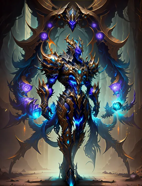 a dark skinned man with a glowing purple and blue halo holding a glowing ball, purple glowing core in armor, epic fantasy art style hd, epic fantasy art style, djinn man male demon, league of legends arcane, demon soul concept art, arcane league of legends...