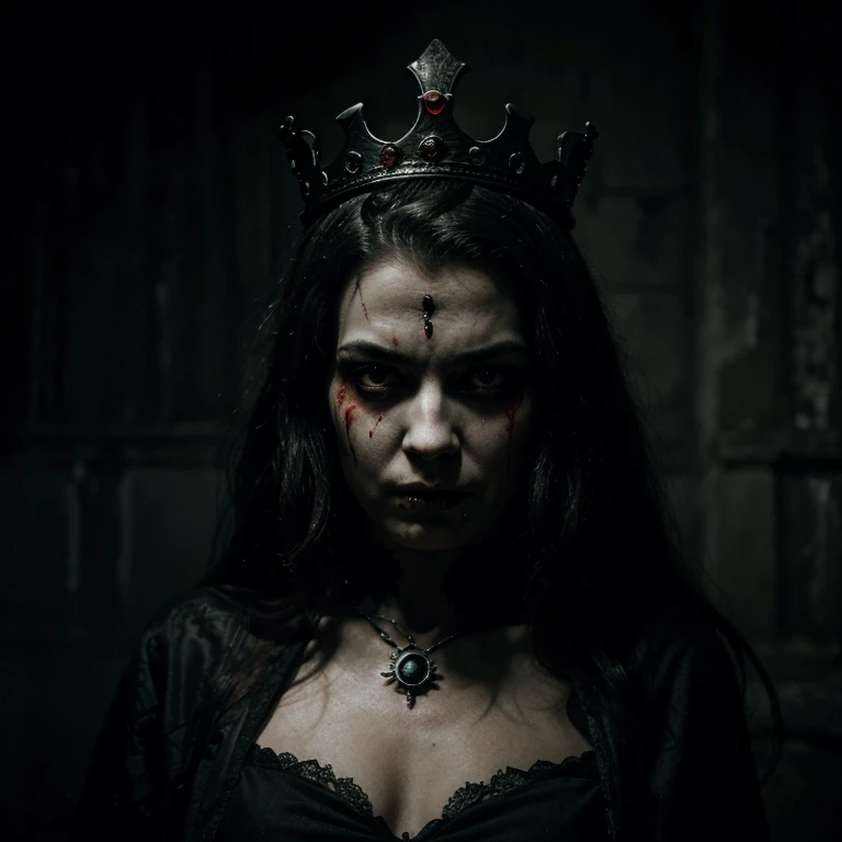 Angry Queen with bloody face in a dark atmosphere, a crown on her head, gothic and scary atmosphere