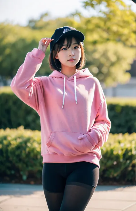 Around Matsubara Danchi Station、The tree々Parks and、at the sunset、20 year old woman jogging、Gesture of wearing a hat、pink hoodie、Black Long Tights、A slender, Too cute girl, a cute Japanese girl, Images of girls, Petite and curvaceous Lolita, Realistic 20 ye...