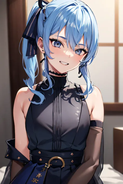 a 20 yo woman, blonde, (hi-top fade:1.3), dark theme, soothing tones, muted colors, high contrast, (natural skin texture, hyperrealism, soft light, sharp),((HoshimachiSuisei, side ponytail, blue hair ribbon, smile, teeth))