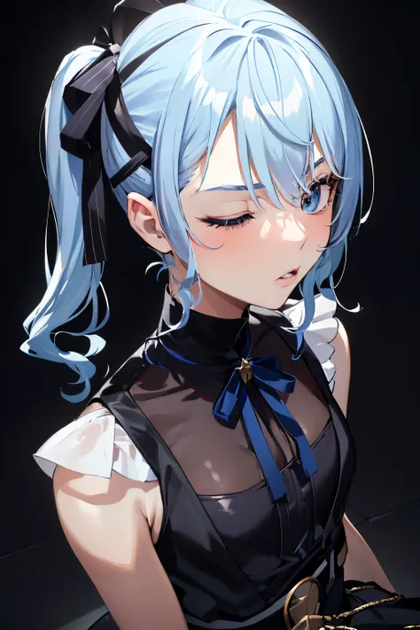 a 20 yo woman, blonde, (hi-top fade:1.3), dark theme, soothing tones, muted colors, high contrast, (natural skin texture, hyperrealism, soft light, sharp),((HoshimachiSuisei, side ponytail, blue hair ribbon, kiss face, eyes closed))