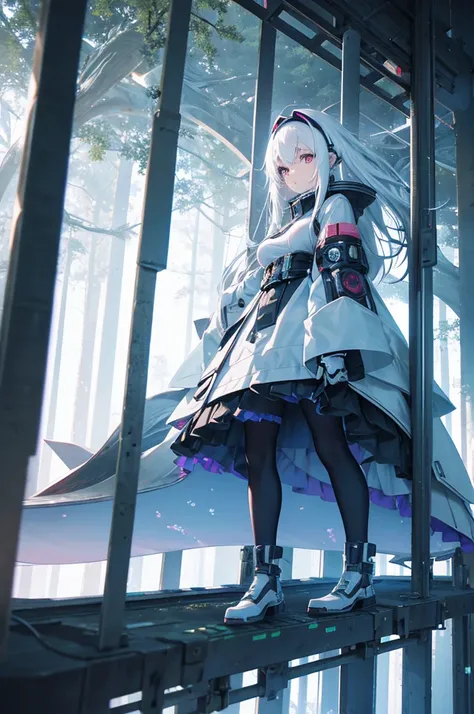 anime , a cyberpunk girl sating at super high tree over the forest  , people close up , white hair ,white tone ,more snake , long exposure ,3d rendering , tracking shot , exaggerated fisheye perspective,-- no fish---niji5 ----s400