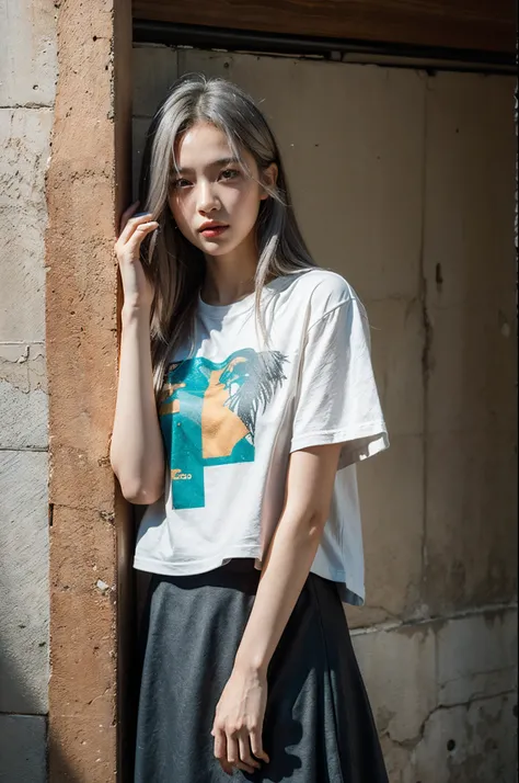 Upper body close-up, cyberpunk city, a girl standing in front of a wall with newspaper on the wall, silver hair, long hair, facial focus, black eyes, witty and beautiful facial features, green print t-shirt, apricot skirt, split long skirt, embroidery patt...