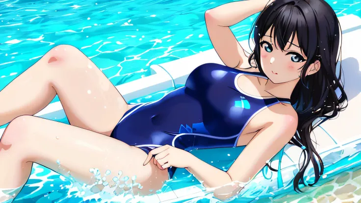 Anime girl in a blue swimsuit lying on a white raft in the pool, Wallpaper Anime Blue Water, Ilya Kuvshinov. 4 k, Wet swimsuit, Swimsuit, wearing a swimming wear, Smooth Anime CG Art, realistic bikini, Seductive Anime Girl, Makoto Shinkai and ArtGerm, high...