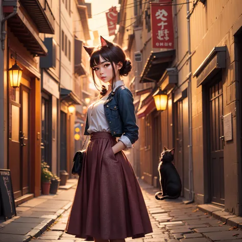 Old city alleys in the sunset, cute cat, beautiful woman dazzling --auto --s2