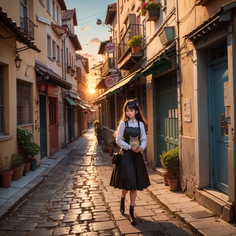 Old city alleys in the sunset, cute cat, beautiful woman dazzling --auto --s2