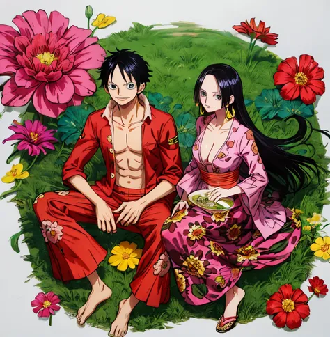 anime couple in a field of flowers overgrown with flowers, official fanart, loputyn and matcha, monkey d Luffy, boa Hancock, onepiece beautiful anime art style, beautiful anime, 4 k manga wallpaper, high quality anime artstyle,